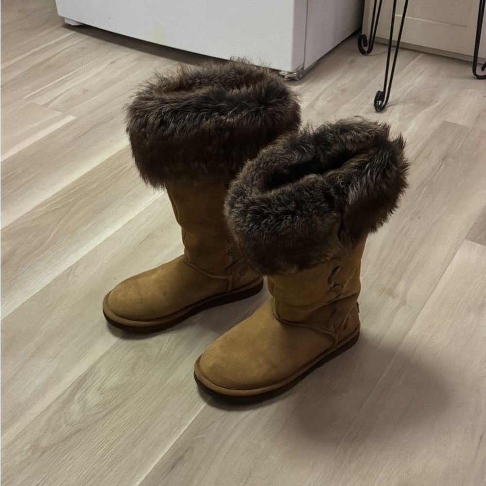 UGG Tan Moccasins with Brown Fur Trim